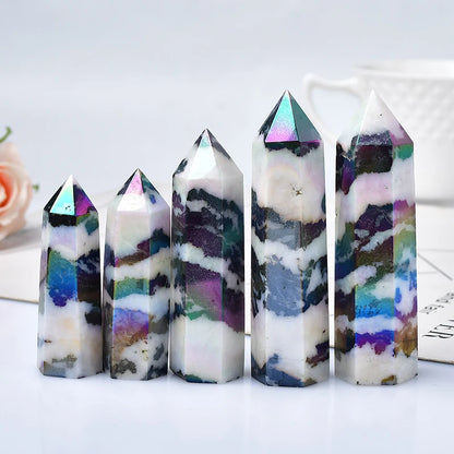 Natural Aura Zebra Quartz Crystal Obelisk