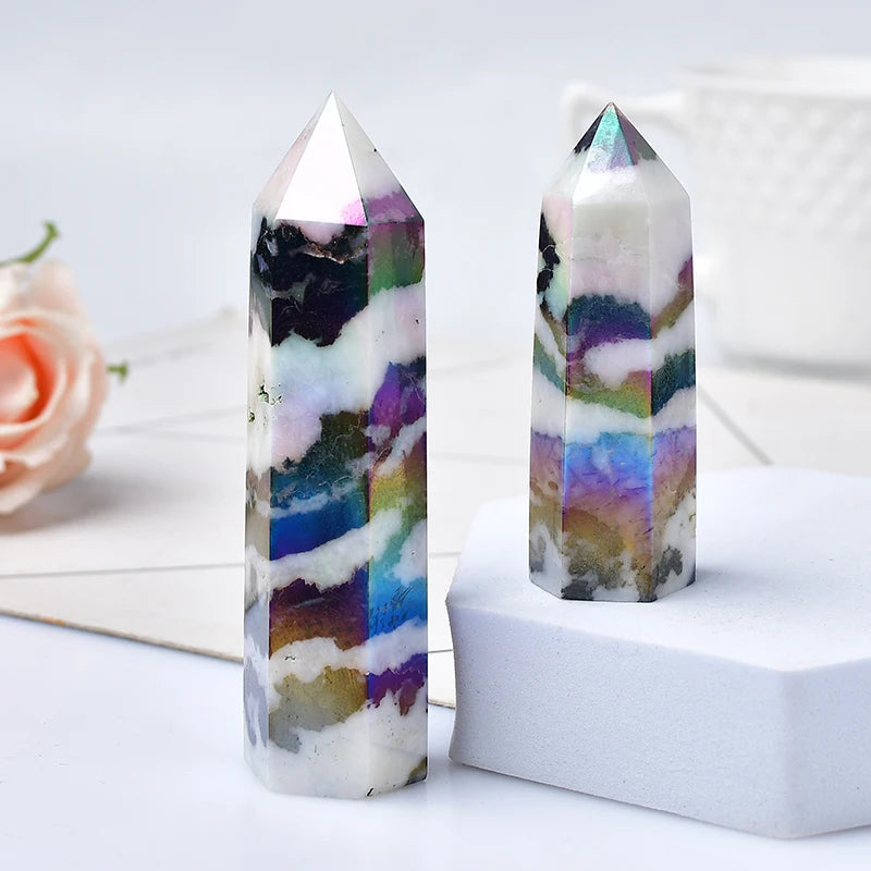 Natural Aura Zebra Quartz Crystal Obelisk