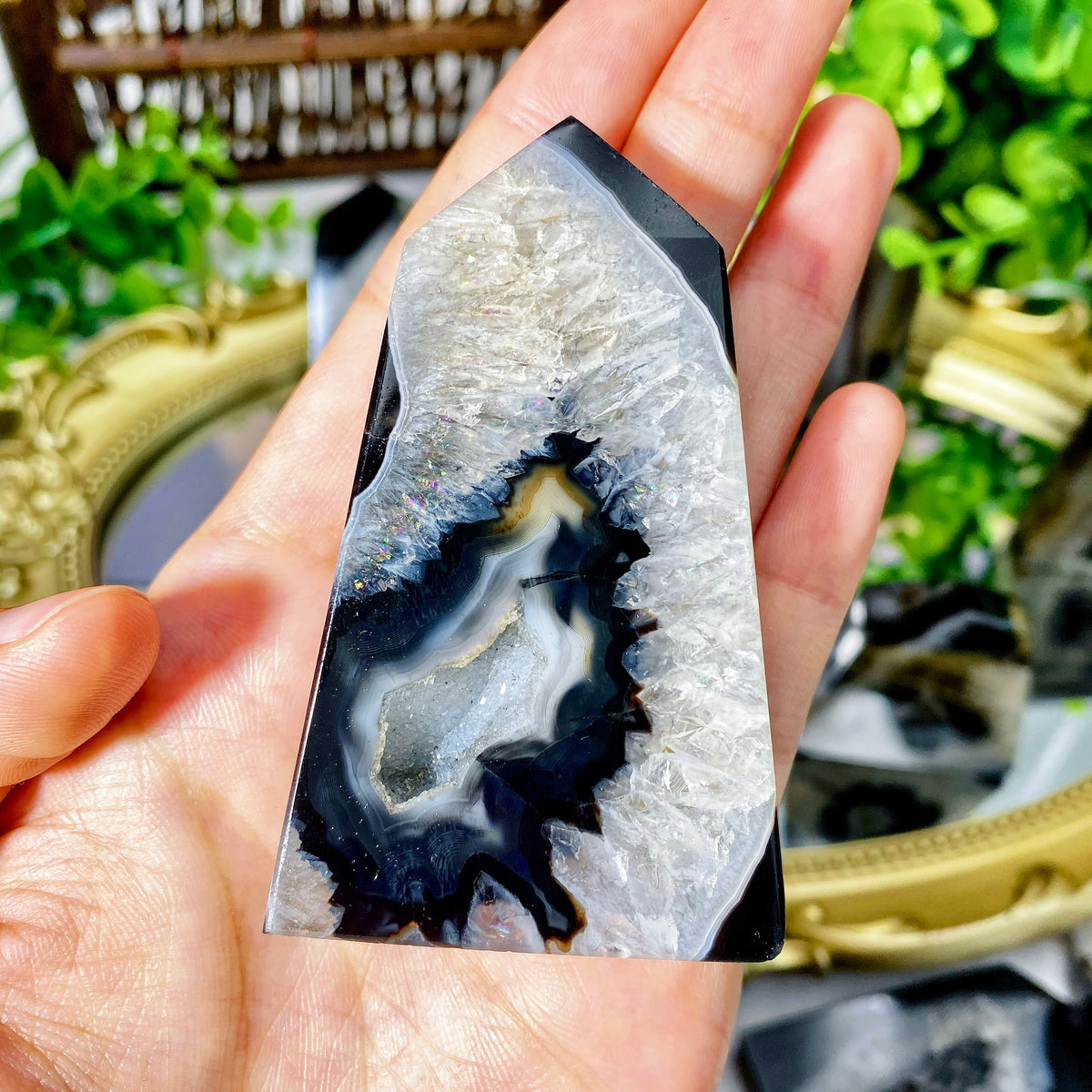 Natural Black Sardonyx Geode Agate Crystal Point