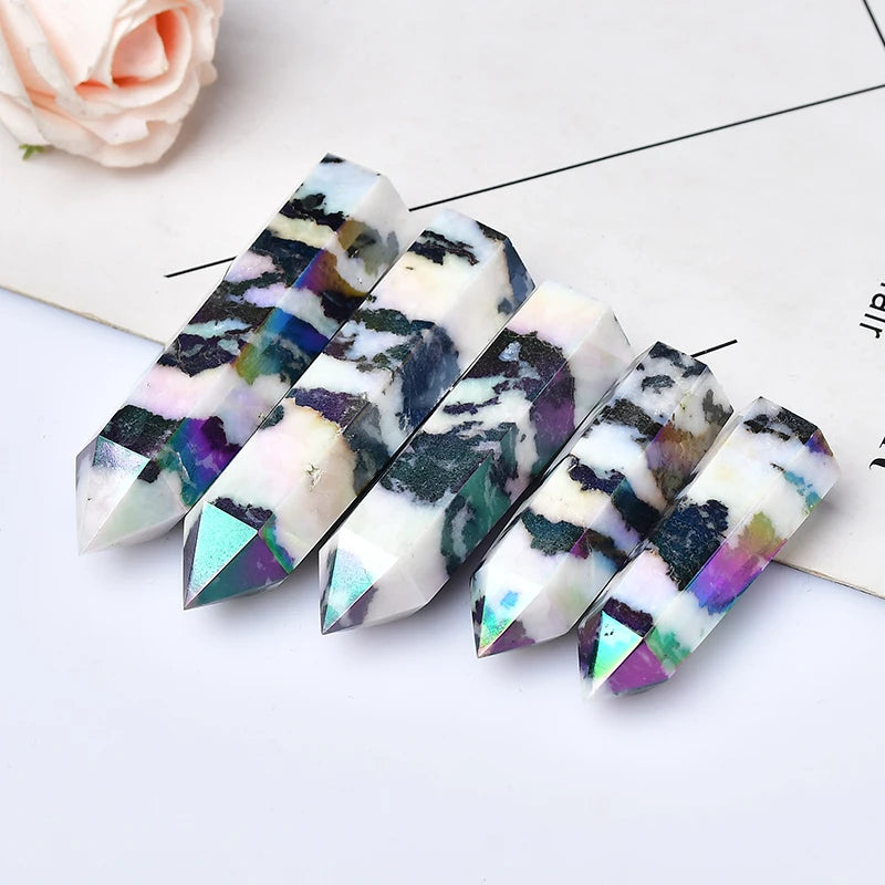 Natural Aura Zebra Quartz Crystal Obelisk